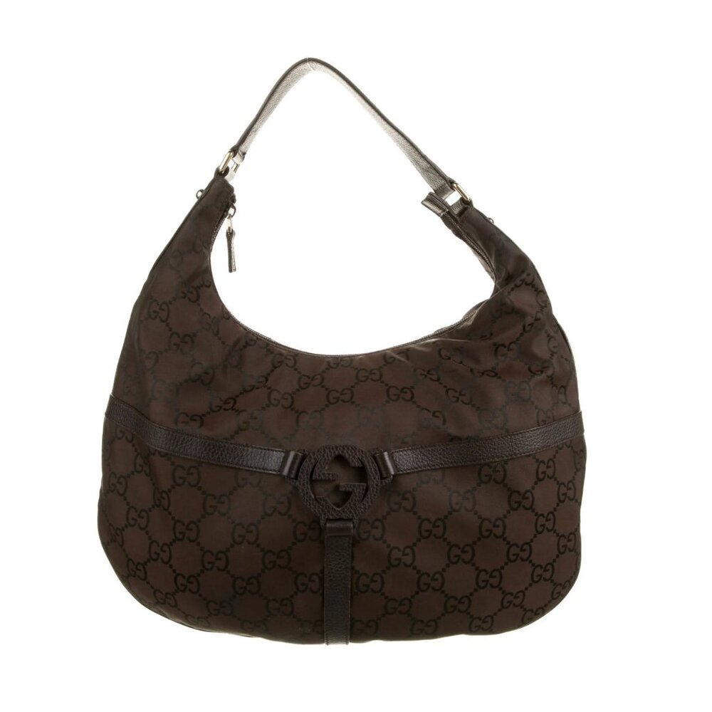 Gucci Tom Ford Reigns Horsebit Hobo GG Brown Nylon Brown Leather Trimmed